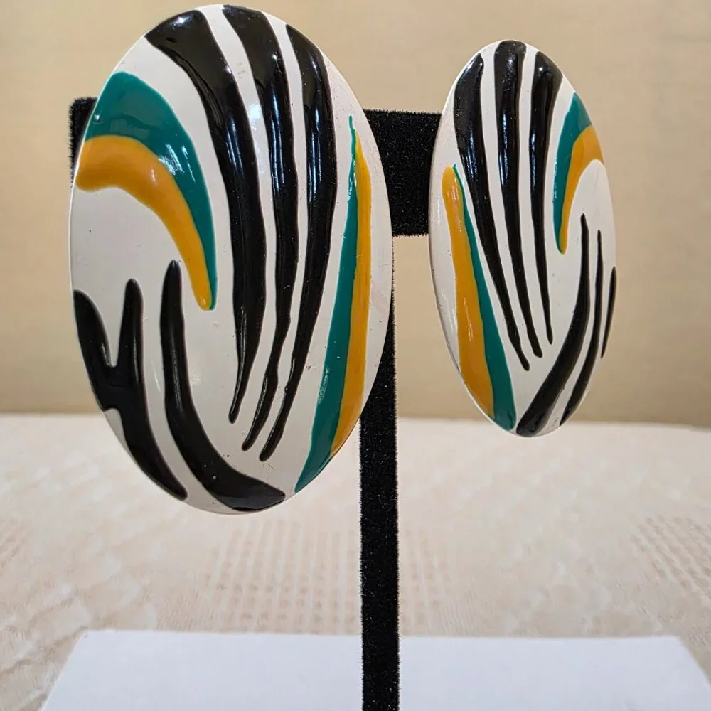 Vintage Boho Chic Tribal Metal Oval White Black Green and Yellow Stripe Earrings